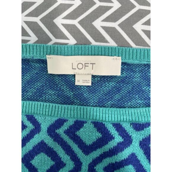 LOFT Women’s Short Sleeve Knit Top M Blue Green Geometric Pattern Cotton Modal - Picture 4 of 8